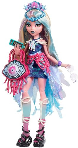 Monster High Lagoona Blue Puppe mit glamourösem Festival-Outfit und Festival-Zubehör wie Snacks, Bandposter, Statement-Tasche und mehr, HXH82