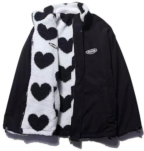 Vestes Polaires À Fermeture Éclair pour Femmes Manteaux Réversibles À Fermeture Éclair Imprimé Cœur Kawaii Vêtements Esthétiques Y2k Hauts E-Girl Baggy Sweat-Shirt (Color : Black, Size : M)