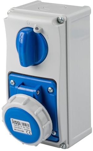 Presa interbloccata verticale con sezionatore interruttore, con fondo, 220V 230V, 3 poli 2P+T, 32A, IP67 - Rosi 19.3232B6