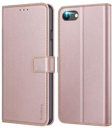 Ganbary Coque pour iPhone SE 2022 5G/SE 2020/7/8, [Housse en Cuir PU Premium] [Etui à Rabat] [Pochette de Portefeuille], Étui de Protection pour iPhone SE 2022 5G/SE 2020/7/8 - Or Rose