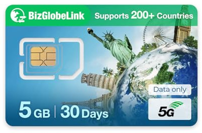 EIOTCLUB Förbetalt SIM för resor, BizGlobeLink SIM-kort internationell 5 GB 30 dagars användning i 200 länder, endast data, 5G/4G LTE, utan kontrakt, påfyllningsbar, för mobiltelefoner, WLAN-routrar
