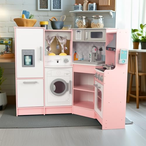 Cocina infantil de madera rosa, cocina infantil con fregadero estufa horno, cocina de madera, cocina de juguetes de madera con accesorios para niños a partir de 3 años (rosa 2)
