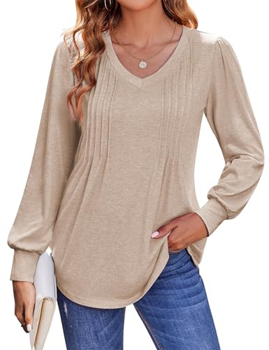 Zeagoo Camicette da donna top a sbuffo a maniche lunghe top con scollo a V autunno camicie di base tinta unita elegante casual tunica camicetta kaki 3XL kaki M