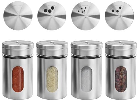 4 Stück Salzstreuer,Gewürzstreuer,Edelstahl Gewürzstreuer Camping,Gewürzstreuer Glas,Gewürze Camping Mit 3 Verschiedenen Lochgrößen Für Salz, Schwarzer Pfeffer, Zahnstocher,Weißer Pfeffer, Zucker
