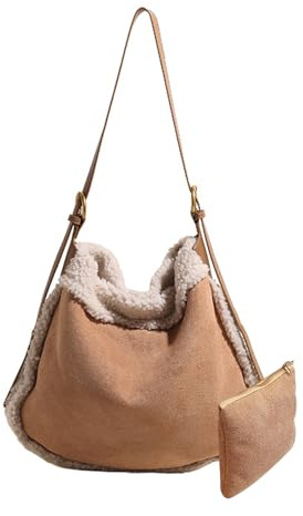 CORIOS Bolso de Mano de Lana de Cordero para Mujer Bolso de Hombro de Ante Bolso Tote de Peluche Bolsa de Ocio Gran Bolsa Shopper Retro Bolso Bandolera 2pcs para Compras Trabajo Viajes Caqui