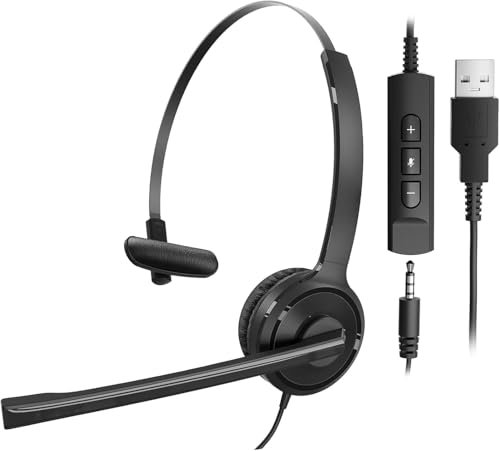 Rigwig Auriculares USB con micrófono con cancelación de ruido de un solo lado, auriculares mono para computadora con control en línea para centro de llamadas, función de silencio, auriculares de