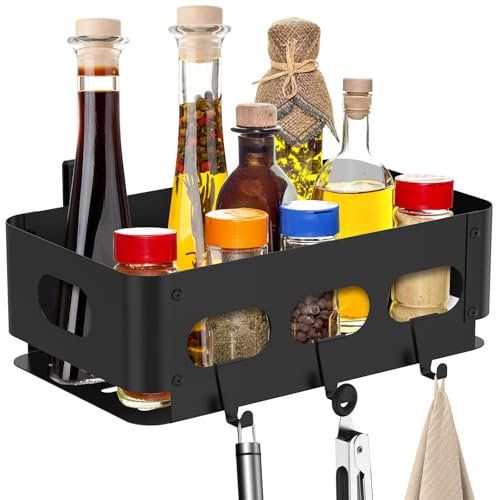 Grill Storage Bin with 3 Hooks Rustproof Iron Grill Caddy Organizer Space Saving BBQ Accessories Shelf for Oil Bottles Sauces Condiments Spatulas