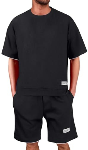 Generisch Tuta Estiva,Set T-Shirt e Pantaloncini,Waffle Tuta da Jogging da Uomo,Maglietta a Maniche Corte + Pantaloni Corti da Jogging,set da 2 pezzi, estiva per il fitness Y2K