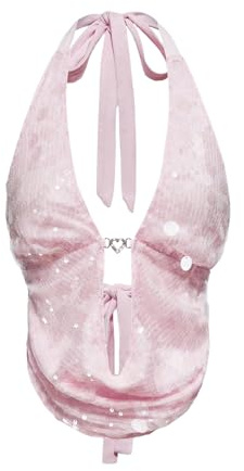 MakeMeChic Women's Sparkly Sequin Draped Halter Top Tie Backless Party Y2K Tank Tops Pink X-Small