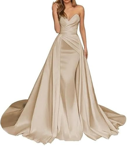 Generic - Abito da sposa in raso, da sirena, senza spalline, con ruches, da damigella d'onore, con corsetto, lungo, con strascico, abito da sera formale, Champagne, M