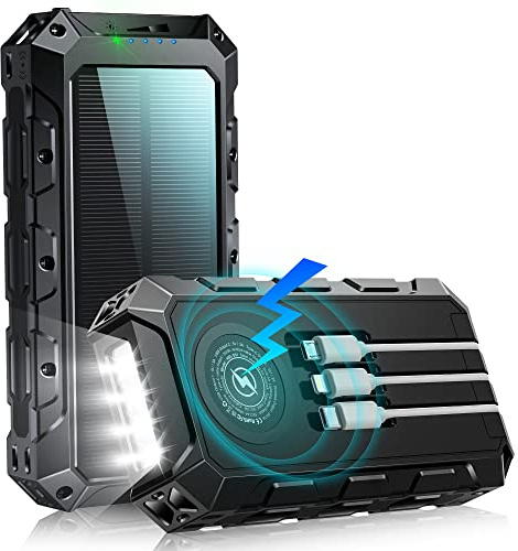Power Bank 52800mAh: Wireless Powerbank: Solar Powerbank USB C 7 Uscite con 3 Cavo Integrato, Torcia, Caricatore Portatile per Smartphone, Campeggio, Outdoor (Nero)