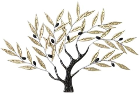 Decorazione da parete in metallo ulivo – Scultura da parete albero mediterraneo 66,5 x 47 cm – foglie dorate e olive nere per decorazione da parete naturale ed elegante