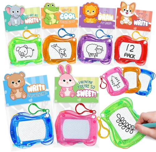 Valentines Day Cards for Kids School, 12 Pack Magnetic Drawing Board, Valentine Day Party Favors for Boys Girls, Ideal Exchange Cards for Classroom