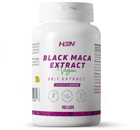 HSN Maca Negra 20:1 | Extracto Concentrado de Raíz (Lepidium meyenii) | 120 Cápsulas Vegetales | 500 mg por Cápsula = 10 g de Raíz Seca | Vegano, Sin Gluten