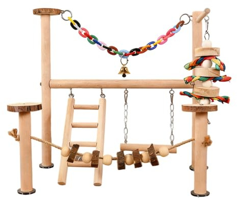 Bird Playground, 2-Level Natural Wood Parrot Playstand with Ladder, Swing, Platform, Rope Bell, Pet Life Activity Center Training Stand for Parakeet Conure Lovebird Cockatiel (Beige)