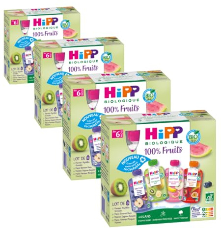 HiPP - 100% Fruits - 4 variétés dès 6 Mois - Gourdes - 8x90g - Lot de 4 BIOLOGIQUE
