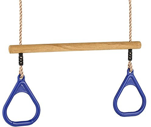 Rebo® Children’s Gymnastic Trapeze Bar with Gym Rings - Blue | OutdoorToys | Wooden and Plastic Replacement Trapeze Set for Kids Swing Sets and Climbing Frames