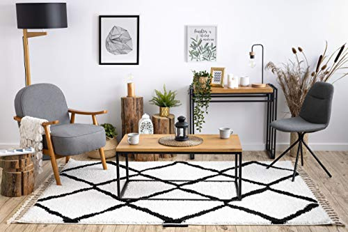 rugsx Teppich hochflor Berber Shaggy, Franse, marokkanischer Stil, für Zimmer, Wohnzimmer, Schlafzimmer, Cross Weiß/Schwarz 120x170 cm