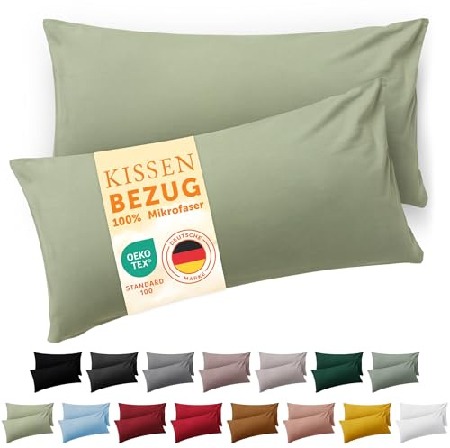 Blumtal Kissenbezug 40 x 80, 2 Stück - Oeko-TEX zert. Kissenbezüge 100% Mikrofaser in extra weich & waschmaschinenfest - Bezug Kissen 40x80 Hellgrün Olive