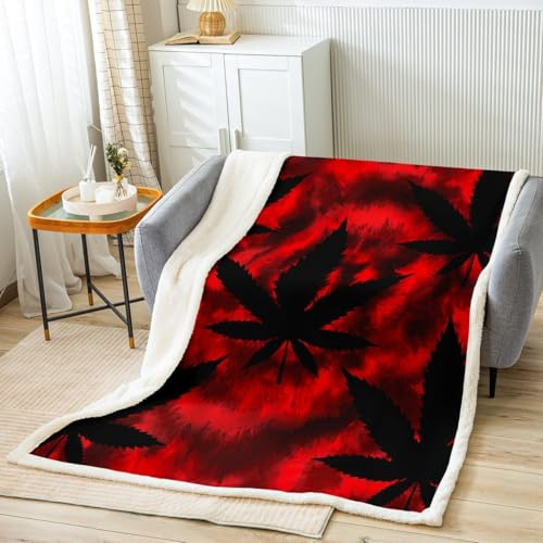 Cannabis Leaves Print Sherpa Fleece Blanket Red Black Tie Dye Vintage Hohemia Throw Blanket Kids Teens Adults Marijuana Weed Leaf Fuzzy Soft Blanket Bed Couch,Baby (30 x 40 Inches)