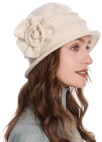 ZLYC Damen Winter Wolle Fischerhüte Blumen 1920s Vintage Bowler Hut (Blumen Cremeweiß),Gr.Einheitsgröße