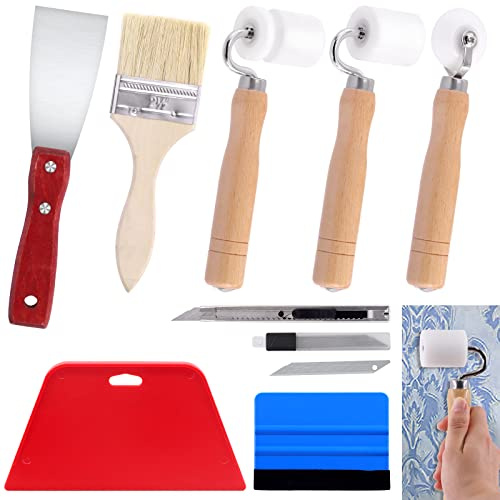 Swpeet 9Pcs papel pintado rodillo de costura plana con herramientas de papel pintado variadas Kit, esquina rodillo cuchillo de mastilla cepillo de pintura de madera cuchillo artesanal Squeegees azules
