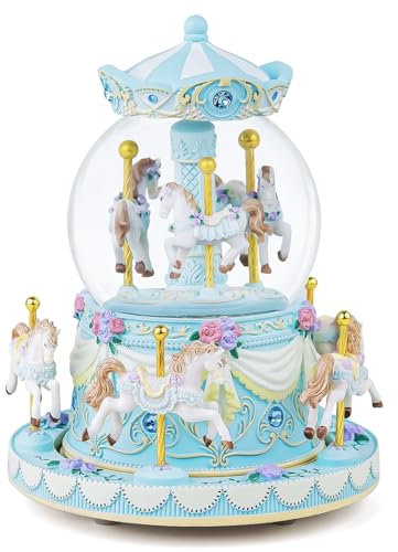 Carousel Music Box Birthday Gift for Girls, Blue Carousel Horse Snow Globe Wife Girlfriend Daughter Mom Son, Anniversary Mother Day with Lights Play You Are My Sunshine