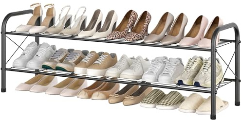 Hoctieon 2 Tier Shoe Rack for Closet, Durable Mesh Style Shoe Rack, Entryway Shoe Shelf, Shoe Storage Organizer for Hallway, Bedroom, Living Room, Wardrobe, Black