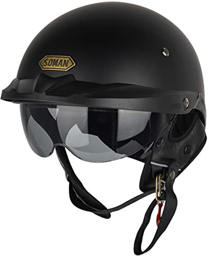 Halbschalenhelm Motorradhelm Chopperhelm Retro Halbschale Brain Cap mit Faltbar Schutzbrille DOT/ECE-Zertifizierter Roller-Helm Scooter-Helm Harley-Helm für Herren Damen, Matt Schwarz-M(57~58cm)