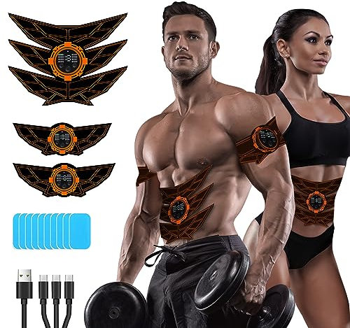 SEVEKO EMS Bauchmuskeltrainer Bauchtrainer, Bauchmuskeltrainer, Sicher Effektiv Schneller EMS Trainingsgerät, Ganzkörper-Muskeltrainer, 8 Modi und 15 Intensitäten, 10 Stück Ersatz-Hydrogels (Orange)