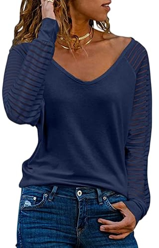 Camisa elegante con manga larga y cuello en V para mujer, blusa transparente, camisetas casuales, blusa de gran tamaño, camisa de un solo color, elegante túnica, tops (Azul-E/M)