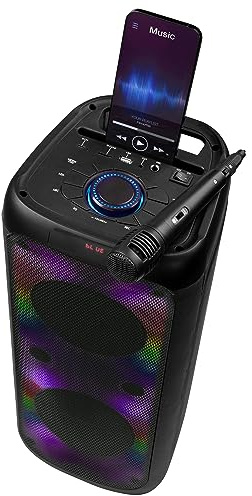 INTEMPO EE7515BLKSTKEU7 Bluetooth Karaoke Lautsprecher - Party-Stereolautsprecher mit Kabelmikrofon, Farbwechsel-LED-Lichter, Telefonhalter, drahtlose bis zu 25 m, einfach zu bedienende Steuerung