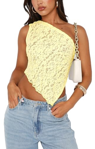 Acrawnni Women Lace One Shoulder Sleeveless Tank Top Sleeveless Sheer Mesh Lace Backless Slim fit Irregular Hem Tie Up Summer Tops (A-Yellow, M)