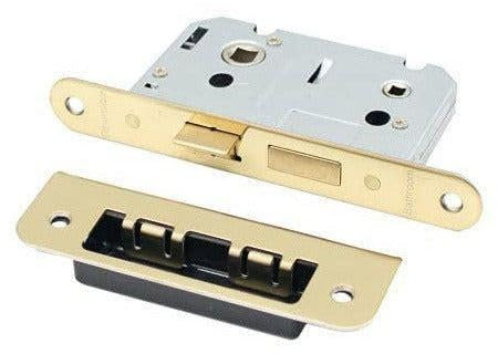 EAI Mortice Bathroom Lock Radius Faceplate - 64mm Case / 44mm Backset - PVD Brass