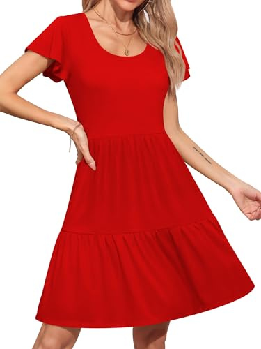 Missufe Robe d'été pour femme - Ligne A - Swing - Robe patineuse Babydoll - Manches courtes - Robe à volants - Robe décontractée, rouge, L