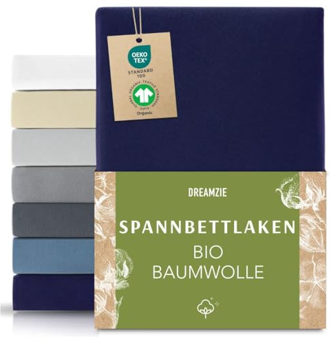 Dreamzie Premium Spannbettlaken 90x200cm bis 100x200cm Dunkelblau, Spannbetttuch aus 100% Jersey Biobaumwolle, 150 g/m² - Oeko-TEX