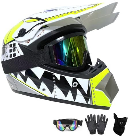Casco Motocross Set con Occhiali Guanti Maschera Viso, White Shark Design, per Bambini e Adulti, AVT MX Casco Moto Full Face per Downhill Offroad Enduro Scooter Sport(S(52~53cm))