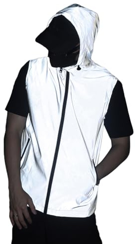 Brother Wang Reflective Hooded Vest, Full Zip Running Cycling, Hiking, Fishing, Dance Party Vest with Pockets, Sleeveless Jacket, Gray (MJ06-M)