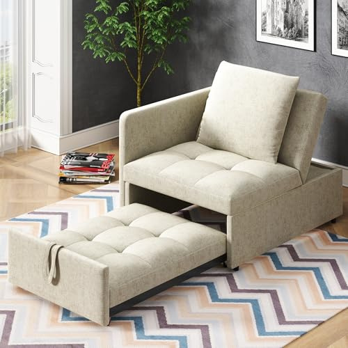 Rosebibi Sofá cama tapizado 3 en 1 multifunción, sofá cama de lino con respaldo ajustable, sofá reclinable para espacios pequeños (beige)