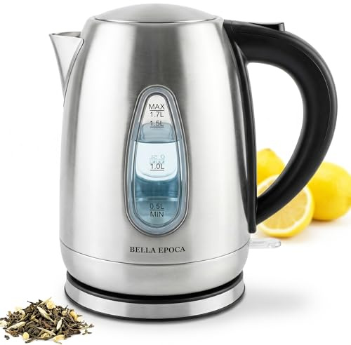 BELLA EPOCA Bollitore Elettrico 1.7L – Acciaio Inox 304 Spazzolato, 2200W, Silenzioso, Doppio Livello Acqua, Filtro Anticalcare, Base Girevole 360°, Spegnimento Automatico – Argentum Family