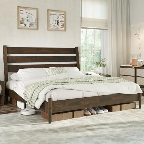 Jocisland Queen Size Solid Wood Bed Frame,Mid-Century Modern Platform Bed with Reclining Slatted Headboard, Noise-Free, Easy Assembly, 1000lbs Support, No Box Spring Needed, Dark Brown