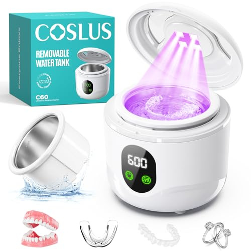 COSLUS C60 Ultrasonic Retainer Cleaner Machine, 45kHz Sonic Dental Cleaner | Professional for Dentures, Mouth Guards and Night Guards, Detachable Tank for Retainer, Portable for Travel and Home, White