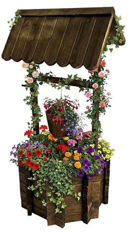 Relaxdays Dekorativ planterbar fontän för trädgård, hink och vev, brunt trä, 114 x 56 x 56 cm