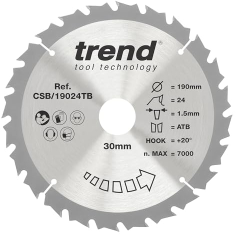 Trend Wood Cordless Circular Saw Blade, 190mm Diameter, 30mm Bore, 24 Teeth, 1.5mm Kerf, +20° Hook, TCT, Medium Finish, CSB/19024TB