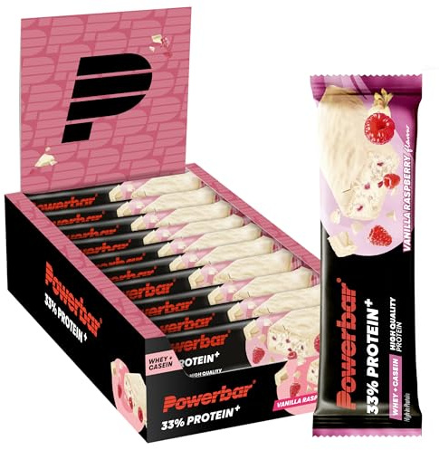 Powerbar - 33% Protein Plus - Vanilla Raspberry - 10x90g - Barrita rica en proteínas - Proteína de suero y caseína - Sin colágeno