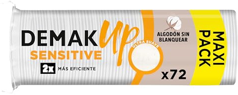 Demak'Up Sensitive x72 - Discos Desmaquillantes Ultra Suaves para Pieles Sensibles - Cara y Ojos - Fibra de Algodón 100% Natural - Paquete con 72 Discos
