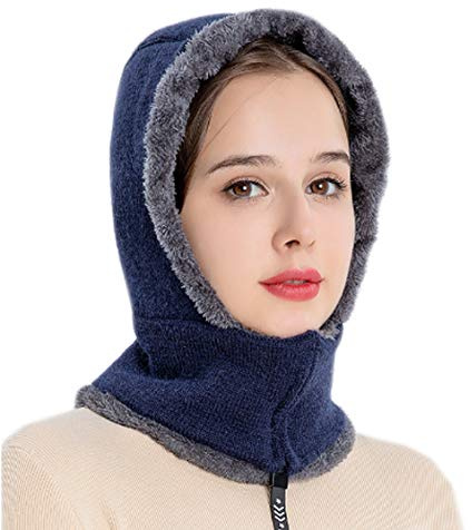 Moonlove Ladies Elegant Knitted Balaclava Hat Women's Scarf Hat Set with Zip Neck Ear Warmer Thick Windproof Fleece Padded Hood Cycling Skiing Cap Winter Outdoor Blue