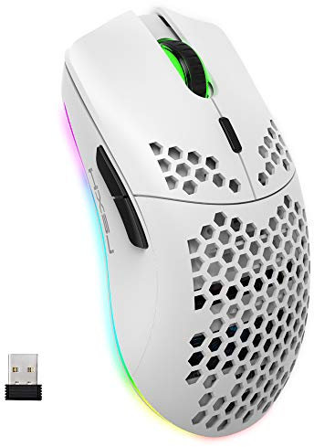 Wireless Gaming Mouse, 2.4G Lightweight Honeycomb Shell Ergonomic RGB Mice with 750mAh Rechargeable Battery, Energy Saving, 6 Buttons & Mini USB Receiver for Windows, Mac OS, Laptop, Smart TV(White)