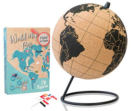 TRIPVEA® mappa del mondo - Globo terrestre in sughero nero - Decorazione perfetta per il tuo ufficio - Idea regalo per adulti e bambini (Globo in sughero 21 cm + 342 bandiere del mondo)