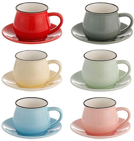 Winlauyet Juego de 6 tazas de café de cerámica con platillo, con caja de regalo